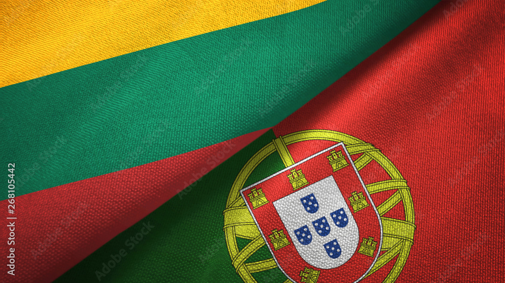 Fototapeta premium Lithuania and Portugal two flags textile cloth, fabric texture