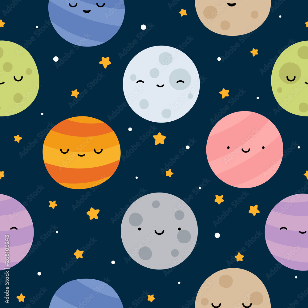 Space Seamless Pattern with Planets and Stars. Doodle Cartoon Cute Planet Smiling Face. Vector Background Space Seamless Pattern with Planets and Stars. Doodle Cartoon Cute Planet Smiling Face. Vector Background