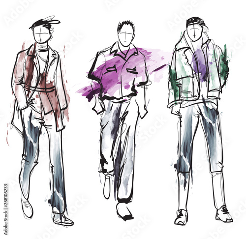 Stylish handsome mans in fashion clothes. Hand drawn beautiful young mens. Stylish mens. Fashion mens sketch. Fashion men model.