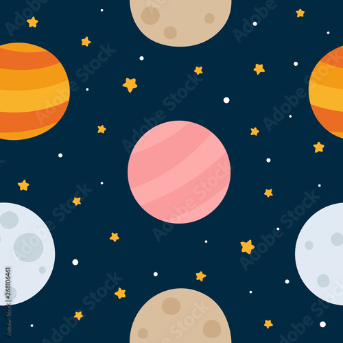 Space Seamless Pattern with Planets and Stars. Doodle Cartoon Cute Planet Smiling Face. Vector Background