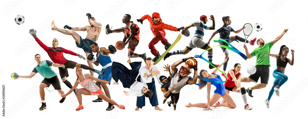 Sport collage. Tennis, running, badminton, soccer and american football,  basketball, handball, volleyball, boxing, MMA fighter and rugby players.  Fit women and men standing on white background Stock Photo | Adobe Stock