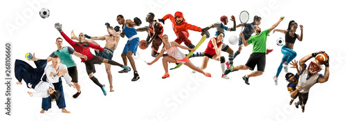 Sport collage. Tennis  running  badminton  soccer and american football  basketball  handball  volleyball  boxing  MMA fighter and rugby players. Fit women and men standing on white background