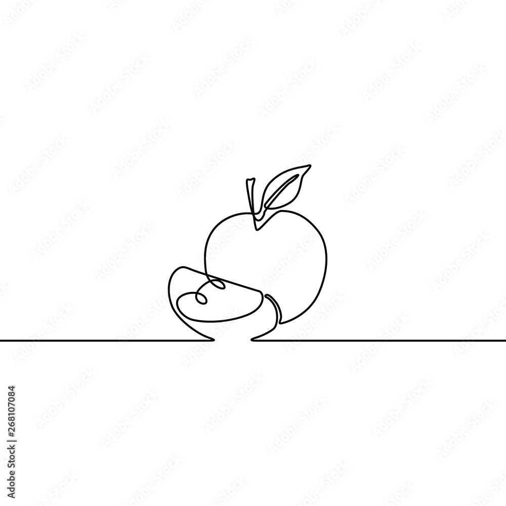 Continuous one line appe and slice of apple, vector Continuous one line appe and slice of apple, vector