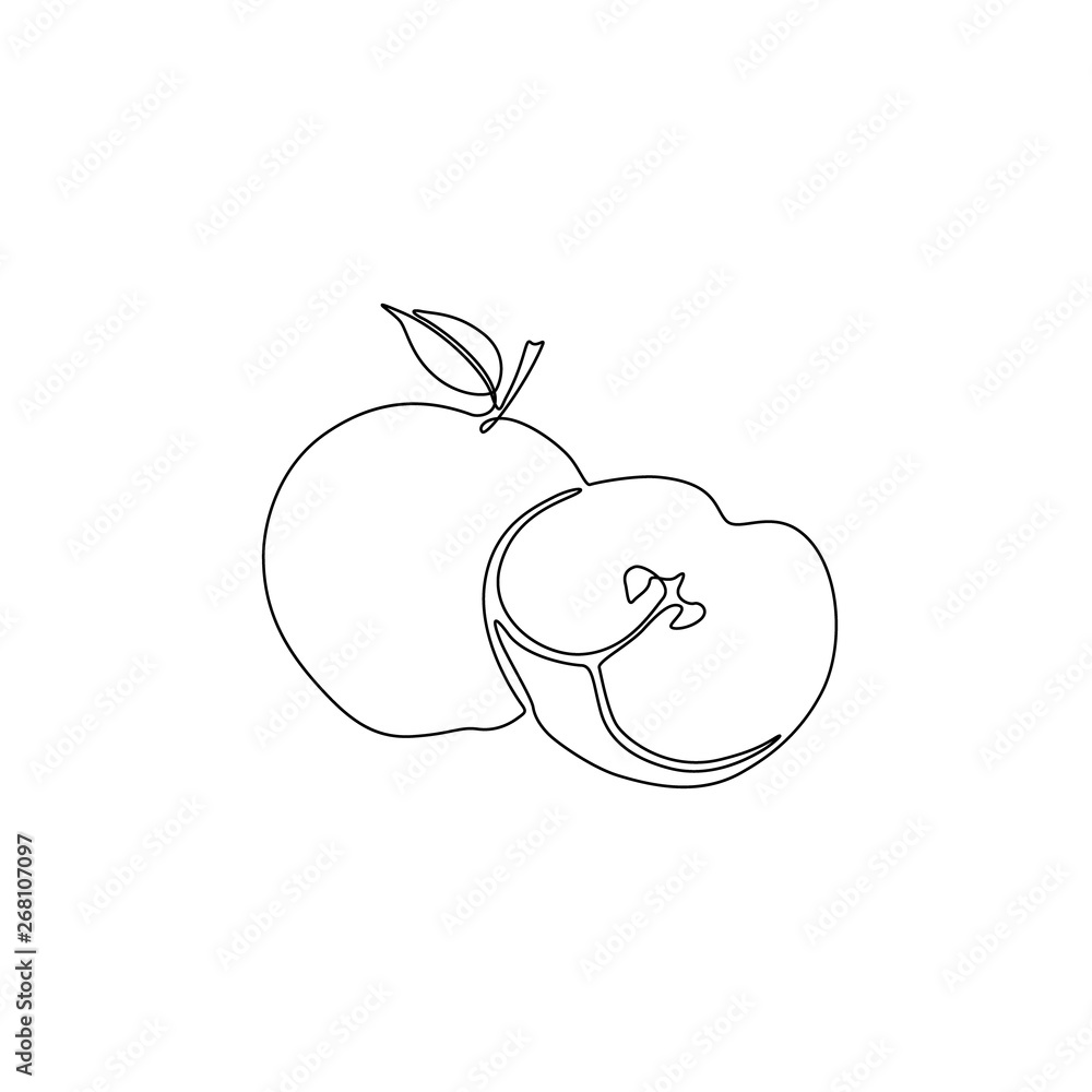 Continuous one line appe and slice of apple, vector Continuous one line appe and slice of apple, vector