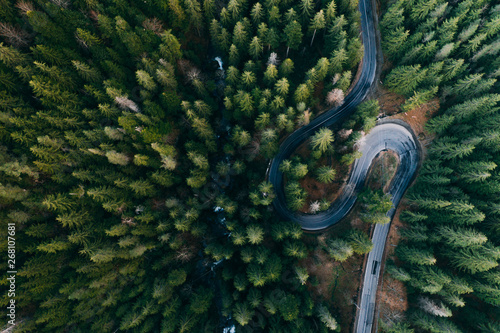 Drone view of winding forest road