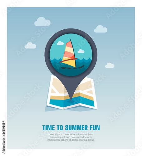 Board Windsurfing pin map icon. Summer. Vacation
