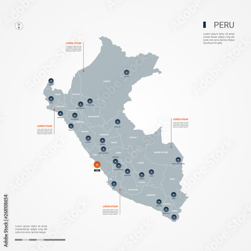 Peru map with borders, cities, capital and administrative divisions. Infographic vector map. Editable layers clearly labeled.