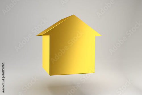 Golden house figure hanging in the air on a gray background. Expensive real estate. Minimalist design for poster, cover, branding, banner, placard. 3d rendering.