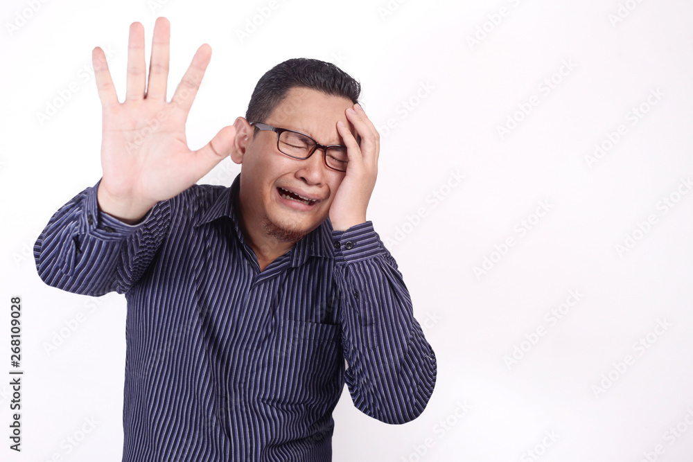 Crying Sad Young Man Showing Surrender Gesture Crying Sad Young Man Showing Surrender Gesture