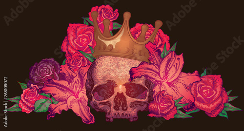  vector image of a skull with roses sketch for tattoo guns ribbons with inscriptions blood and costeans graphics engraving