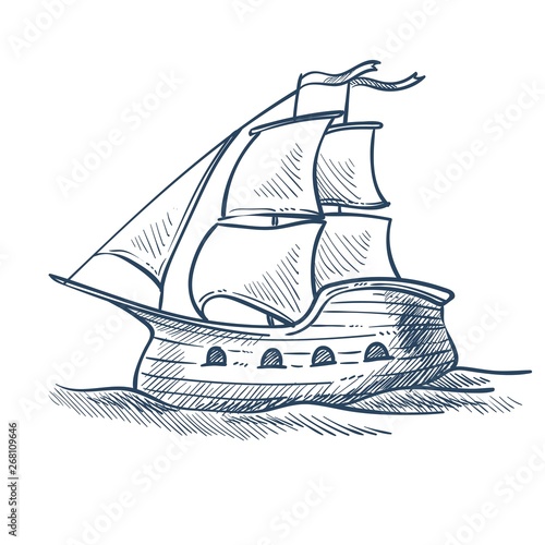 Ship isolated sketch sailboat sea transport voyage and traveling