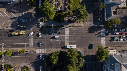 Photography Top down View of freeway busy city traffic jam rush hour highway with cars and bus