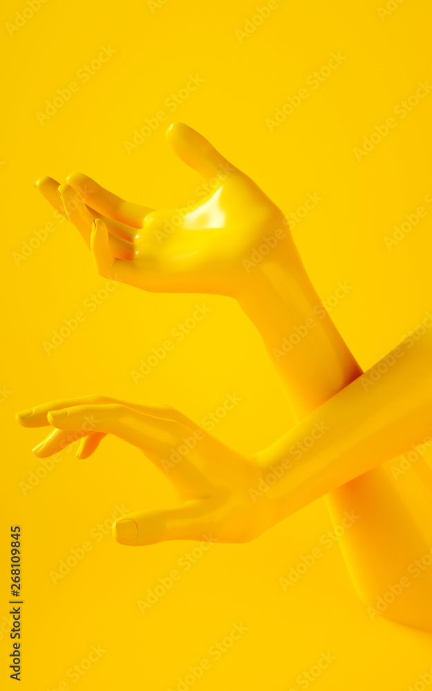 3d rendering illustration of yellow hands. Human body parts. Concept scene for graphic design projects. Shiny plastic glossy material. Vertical orientation scene. Modern concept social media template 3d rendering illustration of yellow hands. Human body parts. Concept scene for graphic design projects. Shiny plastic glossy material. Vertical orientation scene. Modern concept social media template