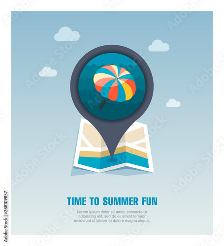 Parasailing. Summer kiting activity pin map icon