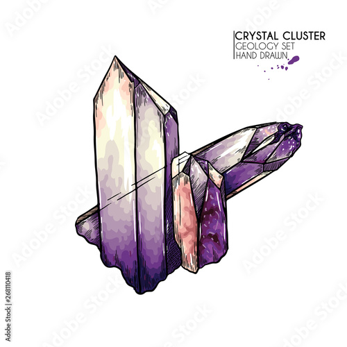 Hand drawn crystal cluster. Vector mineral illustration. Amethyst or quartz stone. Isolated natural gem. Geology set. Use for decoration, flyer, banner, halloween, wedding, witch stuff.