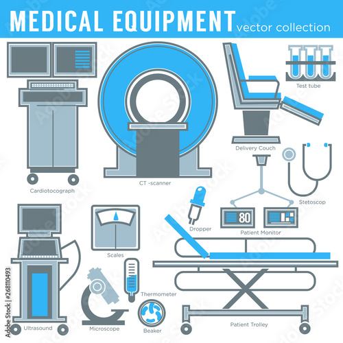Medicine and healthcare medical equipment tools and technology isolated objects vector MRI and gurney or examination chair flasks and cardiograph microscope and stethoscope thermometer and pipette