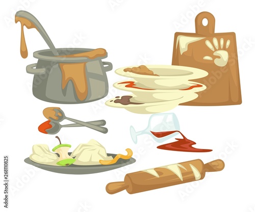 Dirty dishes and dishware food remains and fat stains