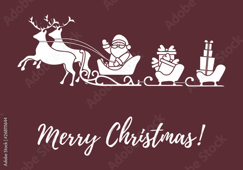 Santa Claus with Christmas presents in sleighs with reindeers. New Year and Christmas illustration.