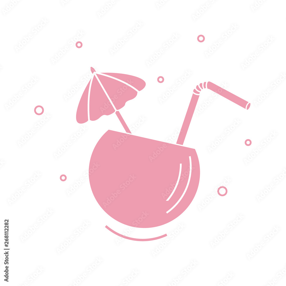 Stylized icon of the cocktail in half coconut, tube and umbrella. Travel and leisure.