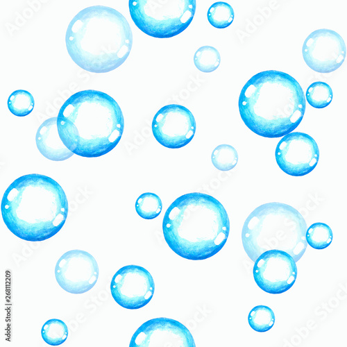Acrylic painted blue soap bubbles seamless pattern
