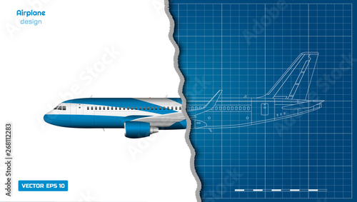 Aircraft in outline style. Blueprint of civil plane. Side view of airplane. Industrial 3d drawing. Jet engine on blue background
