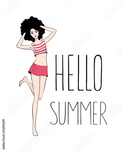 Vector image of the woman in short skirt and striped t-shirt. Fashion girl with inscription Hello Summer on the white background