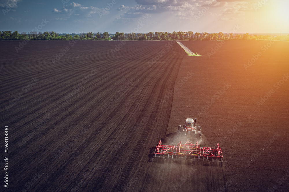 Fototapeta Top view of agricultural industrial tractor plows soil field for sowing , aerial shot from drone. Land cultivation, spring farming