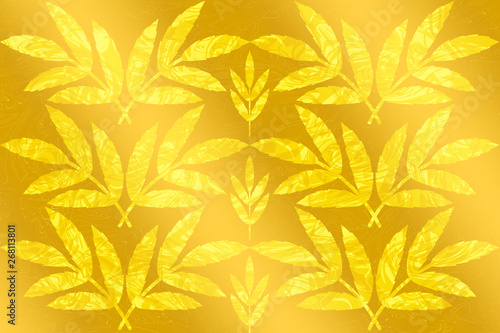 Abstract Leaf Background golden color Summer design. Seamless pattern concept can be used for wallpaper, website background, wrapping paper, Luxury and royal decoration