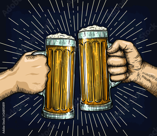Hands holding and clinking beer glasses. Octoberfest banner design. Engraved style. Hand drawn vector illustration.