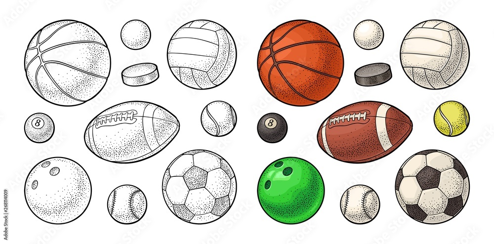 Set sport balls icons. Engraving color illustration. Isolated on white - obrazy, fototapety, plakaty 