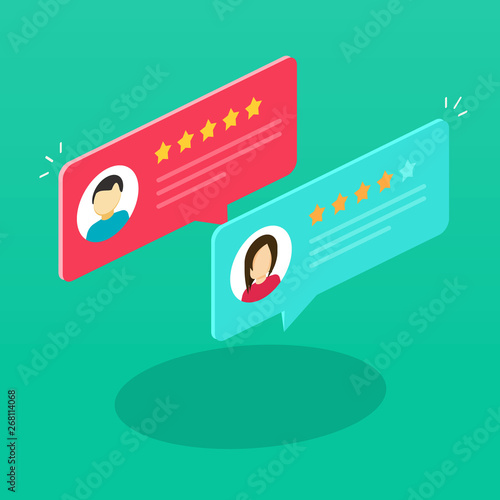 Review rating bubble speeches isometric vector illustration, flat cartoon reviews communication, concept of testimonial messages, notification alerts, feedback evaluation clipart