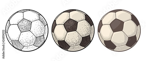 Soccer ball. Vintage vector engraving color illustration. Isolated on white
