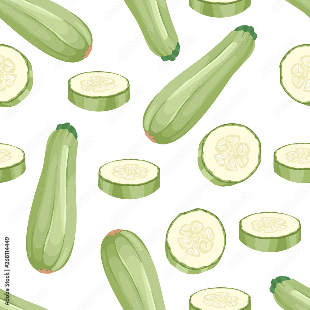 Zucchini isolated on white background. Vegetables whole and slices seamless  pattern. Vector illustration of food in cartoon flat style. Stock Vector |  Adobe Stock