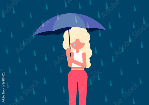 The girl walks in the rain with an umbrella. Rain.