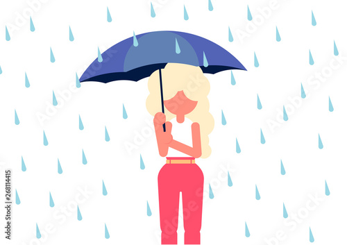 The girl walks in the rain with an umbrella. Rain.