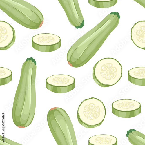 Zucchini isolated on white background. Vegetables whole and slices seamless pattern. Vector illustration of food in cartoon flat style.