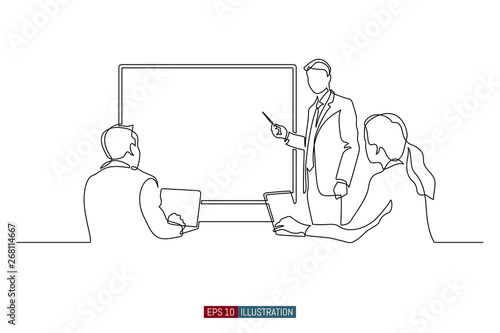 Continuous line drawing of business brief, presentation or training. Template for your design works. Vector illustration.