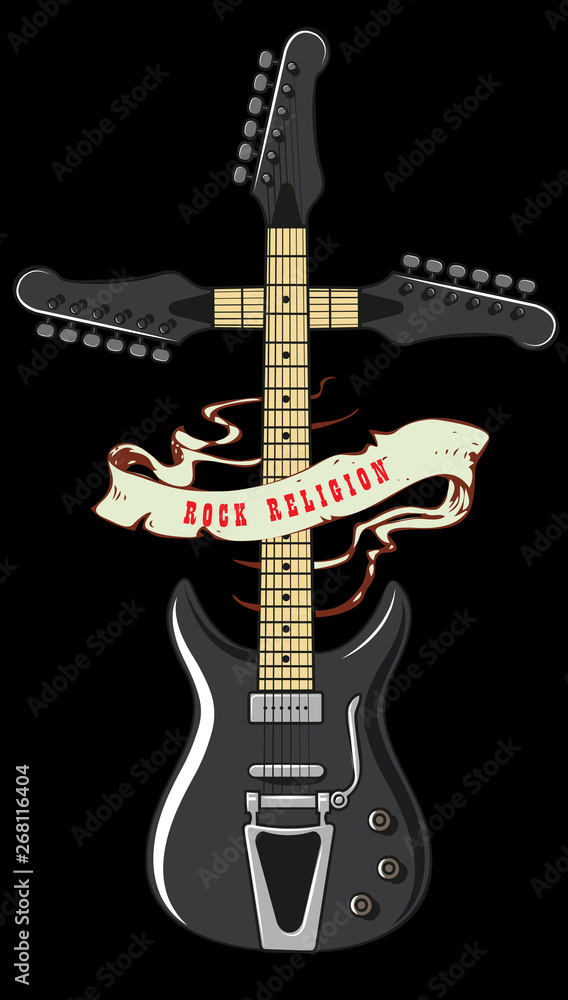Obraz premium vector image of a guitar in the style of a religious icon with ribbons and inscriptions in the style of a quick sketch