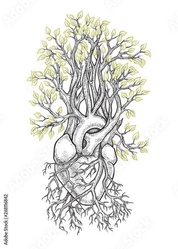 Stylized tree with anatomical heart in the roots