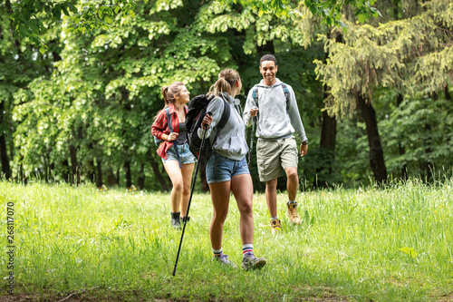 Group of friends hiking in nature.They walking trough forest and meadows.