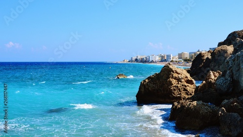  View of the west coast of Rhodes island near the city of Rhodes. Beautiful rocky scenery of north-west coast of Rhodes, Greece, Europe