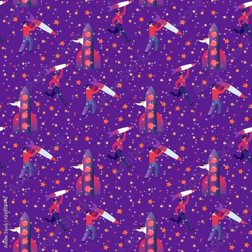 Seamless Print with Business Man  Rocket and Stars