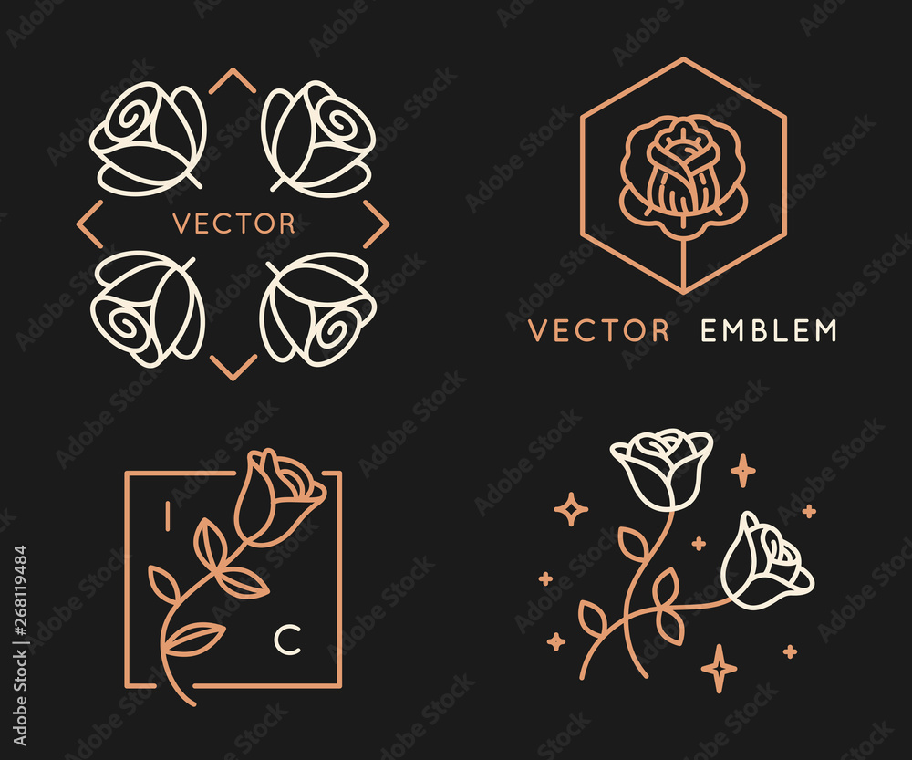 Vector logo design templates and monogram design elements in simple minimal style with roses