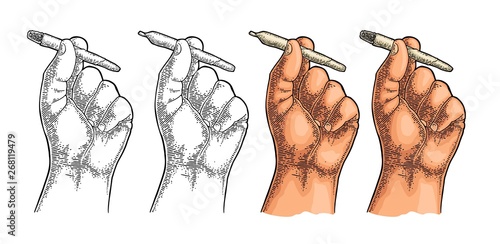 Male hand holding burning cigarettes with marijuana. Engraving vintage