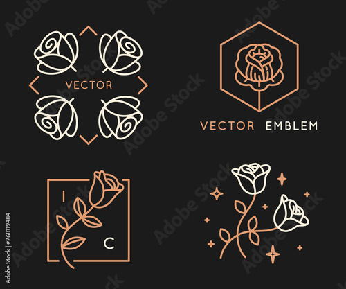 Vector logo design templates and monogram design elements in simple minimal style with roses