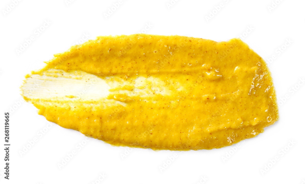 Yellow mustard sauce, spread isolated on white background, top view Yellow mustard sauce, spread isolated on white background, top view
