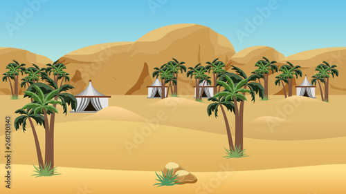 Bedouin camp in desert. Landscape for cartoon or game asset