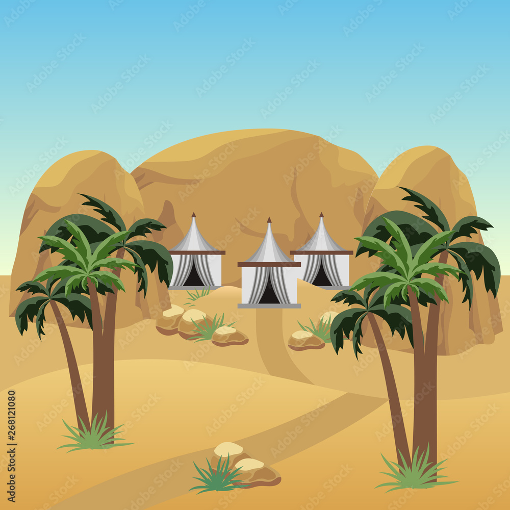 Nomad camp in desert. Landscape for cartoon or adventure game asset.