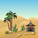 Desert landscape with a nomad tent.