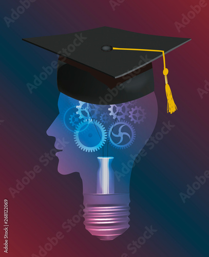  Man bulb,with mortar board and gear. Illustration of light bulb with Stylized male head symboloizing successful graduation. Vector available